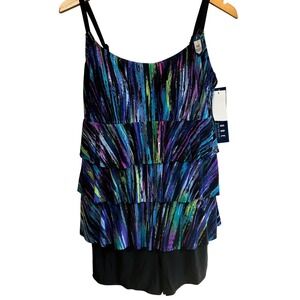 NWT Longitude Tiered Swimdress Size 14 Black Abstract Pockets One Piece $145